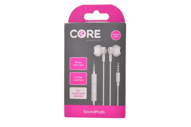 Core Essentials Soundpods Earphones In Ear Wired with Built In Mic 3.5mm White