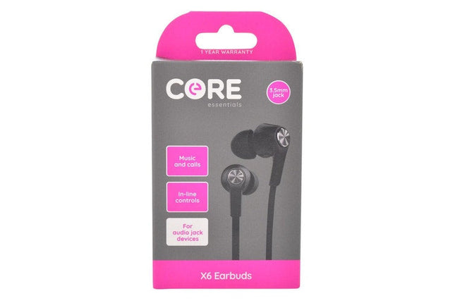 Core Essentials 3.5mm X6 Earphones Earbuds In Ear Wired with Built In Mic Black