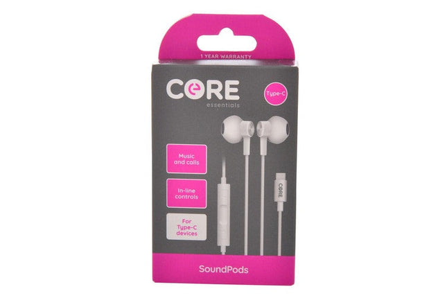 Core Essentials USB C Soundpods Earphones Music Calls Wired w Mic White