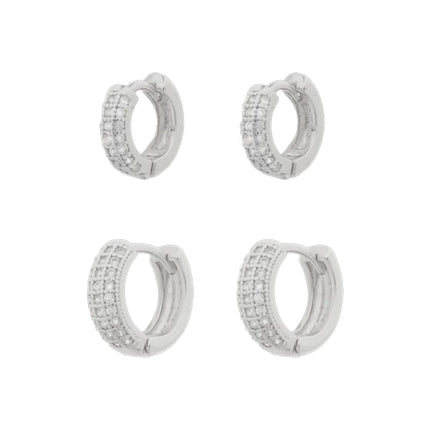 Sensation Thick Cubic Zirconia Huggie Hoop Earrings Set Rhodium Plated