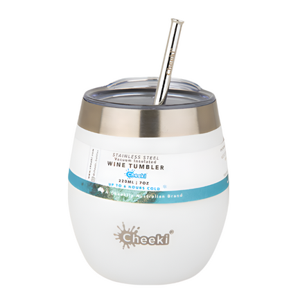 Cheeki Insulated Wine Tumbler Spirit White With Stainless Steel Straw 220mL