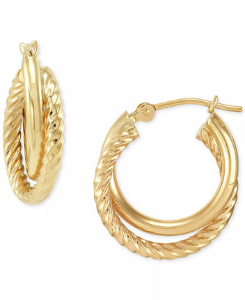 Sterling Silver Twisted & Smooth Small Hoop Earrings in 14k Gold 15mm