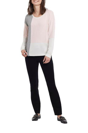 Tribal Long Sleeve Boat Neck Color Block Top Natural