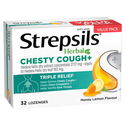 Strepsils Herbal Chesty Cough Plus Triple Relief Sore Throat Lozenges Honey Lemon
