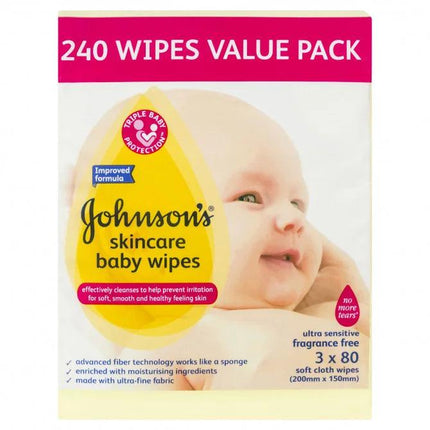 Johnsons Baby Skincare Wipes Fragrance Free 240 Wipes (3 x 80) - OhYouLuckyDuck.com.au