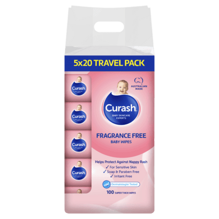 Curash Fragrance Free Baby Wipes 5 x 20 Pack - OhYouLuckyDuck.com.au
