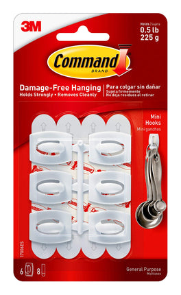3M Command Mini Hooks White 6 Hooks and 8 Strips