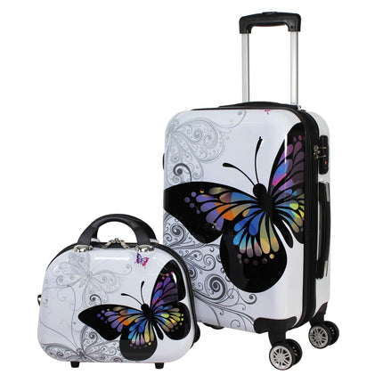 World Traveler Black and White Butterfly 2 Piece Butterfly Carry on Spinner Luggage Set