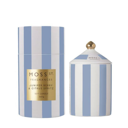Moss St. Fragrances Signature Stripes Collection Juniper Berry And Citrus Spritz Ceramic Soy Candle 360G