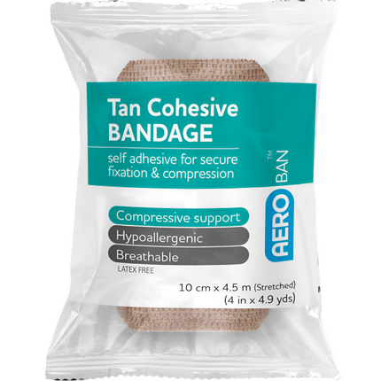 AeroBan Tan Cohesive Bandage 10cm x 4.5M Wrap 12 Pieces