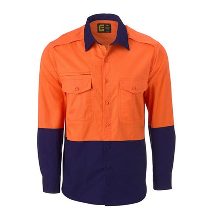 Eleven Workwear Hi Vis Cotton Ripstop Long Sleeve Shirt Orange Navy