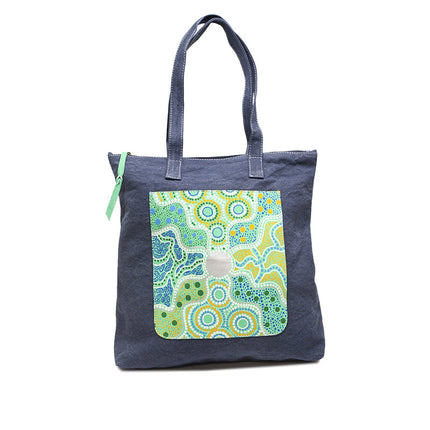 Kangaroo Gifts Hand Painted Leather And Denim Combination Handbag Shoulder Tote Bag 34 x 37 x 7CM