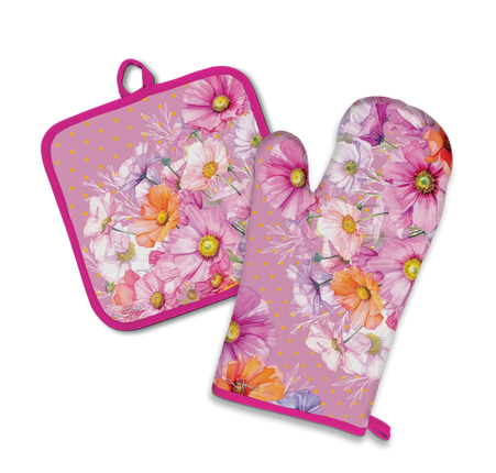 Lisa Pollock Oven Mitt and Pot Holder Set Wistful Wildflowers