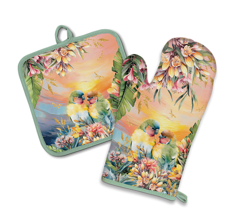 Lisa Pollock Cotton Oven Mitt and Pot Holder Set Sunset Love Birds Design