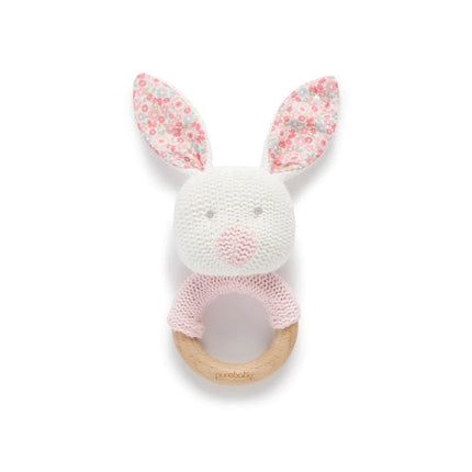 Purebaby Knitted Bunny Rattle with Wooden Handle