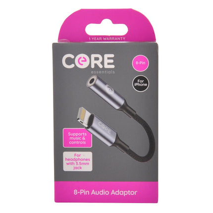 Core Essentials 3.5mm Jack to 8 Pin Audio Adaptor Aux Stereo Converter Black
