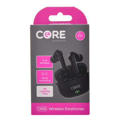 Core Essentials C450 In Ear Wireless Earphones Earbuds Noise Cancelling Black