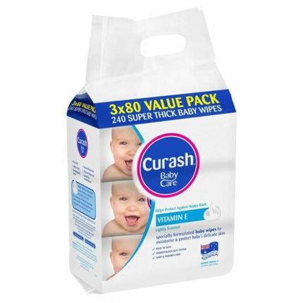 Curash Babycare Vitamin E Baby Wipes 3 X 80 Pack - OhYouLuckyDuck.com.au