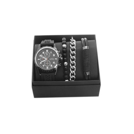 MEN'S REPUBLIC Watch Set with 3 Bracelets Black Silver and Gun Metal