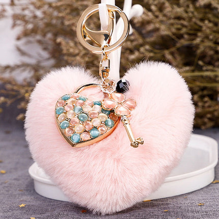 Key Chain Fluffy Heart Shaped Fur Ball Key Ring Pink Bag Hanging Decorative ZMS