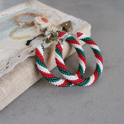 Candy Cane Twisted beaded hoop earrings Christmas seed bead earrings handmade