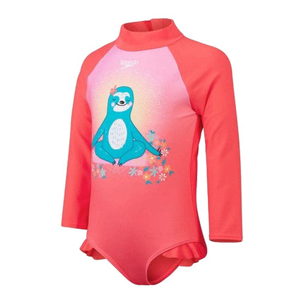 Speedo Toddler Girls Long Sleeve Frill One Piece Coral Beach Size 2