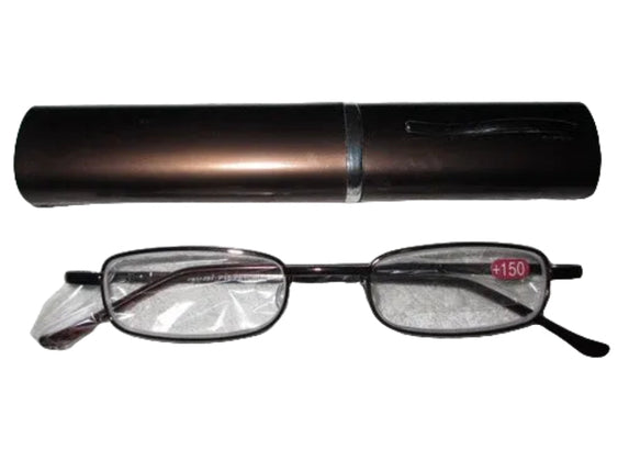 Ozko Slim Reading Glasses Readers with Pen Clip Tube Case Eyeglasses +1.5 Brown