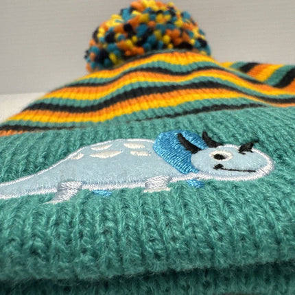 Essence Kids Dinosaur Striped Knit Beanie with Pom Pom Childrens One Size