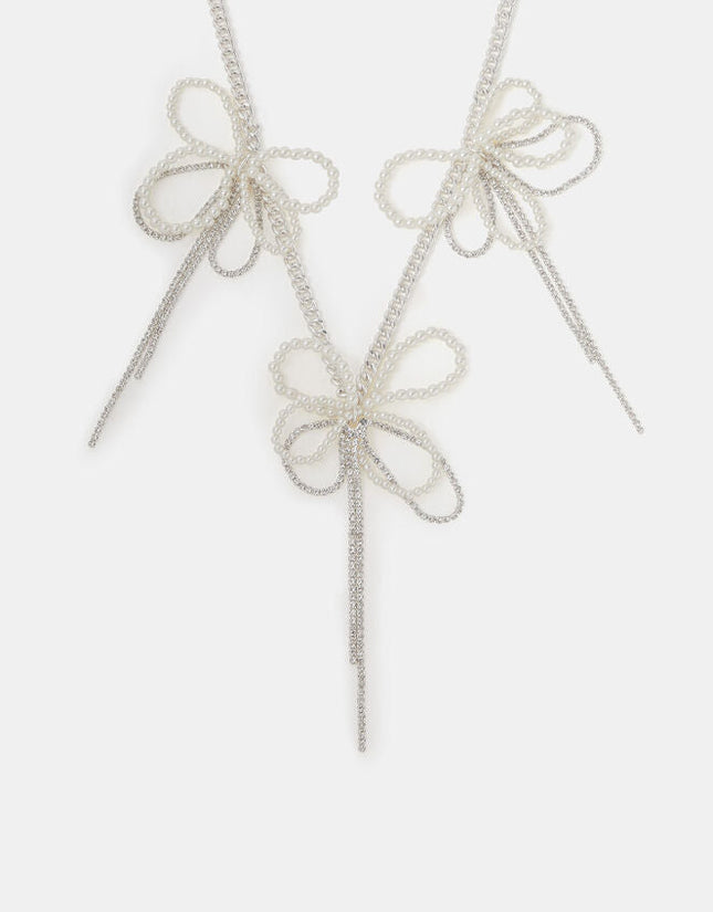 Faux Pearl and Bow Chain Necklace