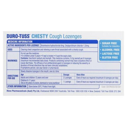 Durotuss Chesty Cough Lozenges Lemon 24 SF - OhYouLuckyDuck.com.au