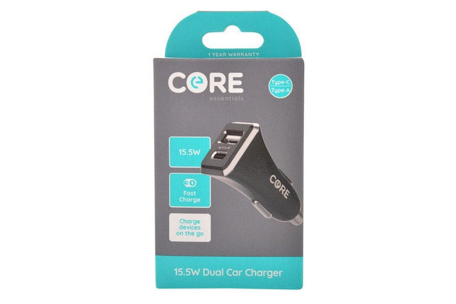 Core Essentials Type C USB A Dual Port Car Charger Fast Charge 15.5W Black