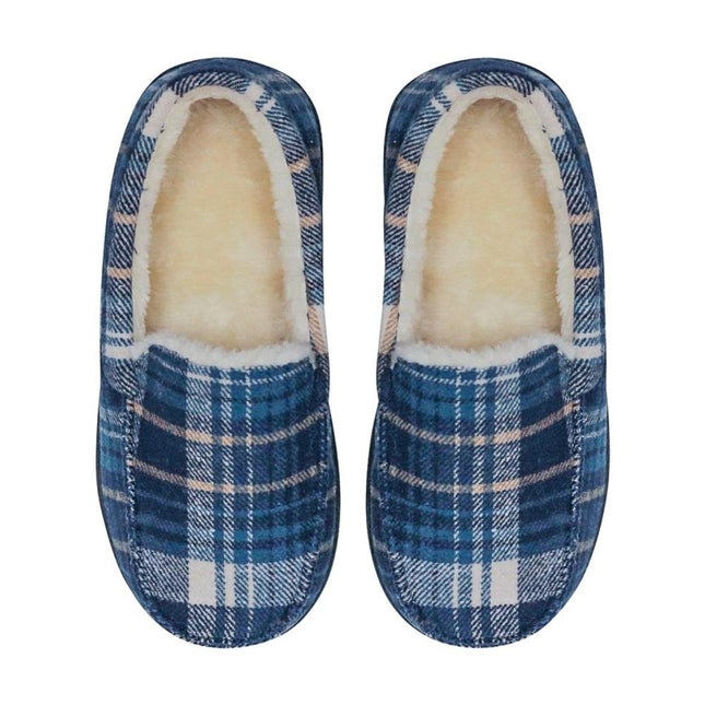 Snuggups Mens Moccasin Plaid Slippers With Non Slip Hard Rubber Sole Navy Eu43-44