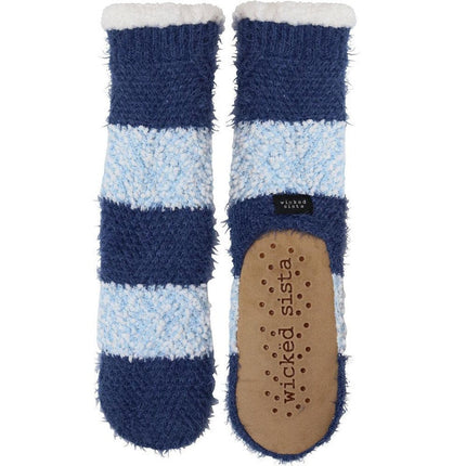 Wicked Sista Stripey Knit Slipper Socks Blues One Size