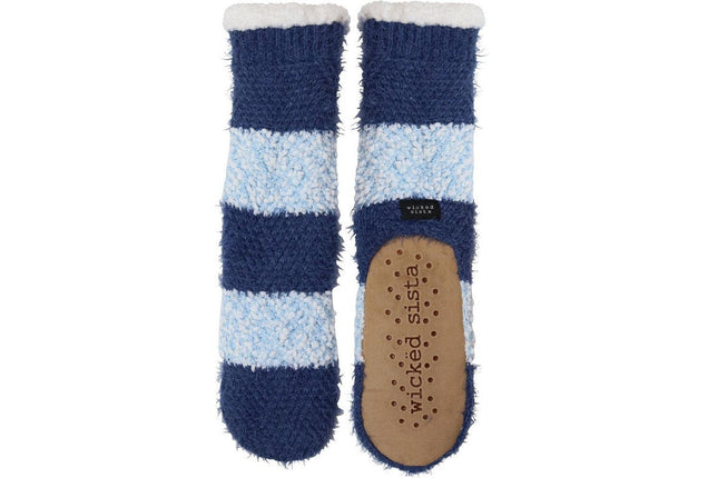 Wicked Sista Stripey Knit Slipper Socks Blues One Size