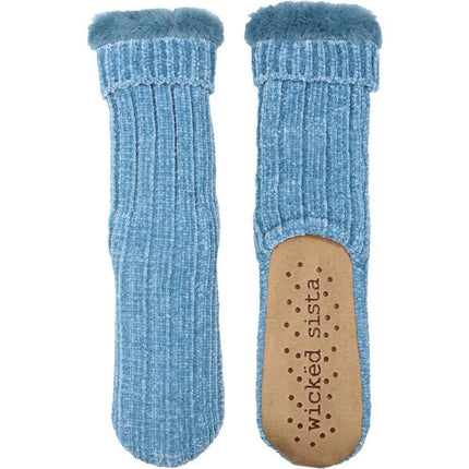 Wicked Sista Chenille Rib Knit Slipper Socks Blue One Size