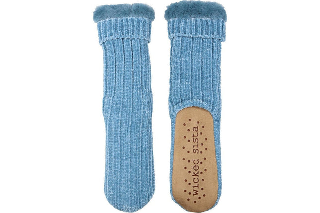 Wicked Sista Chenille Rib Knit Slipper Socks Blue One Size