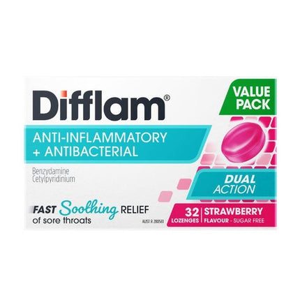 Difflam Sore Throat Lozenges Strawberry Sugar Free 32 Lozenges