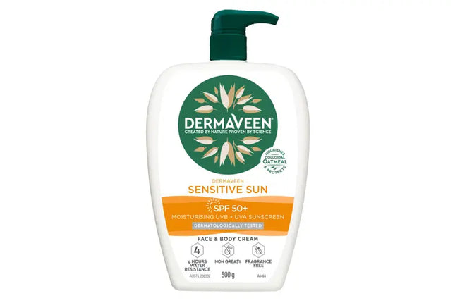 DermaVeen Sensitive Sun SPF 50+ Moisturising UVB + UVA Sunscreen Face & Body Cream Pump Pack 500g - OhYouLuckyDuck.com.au