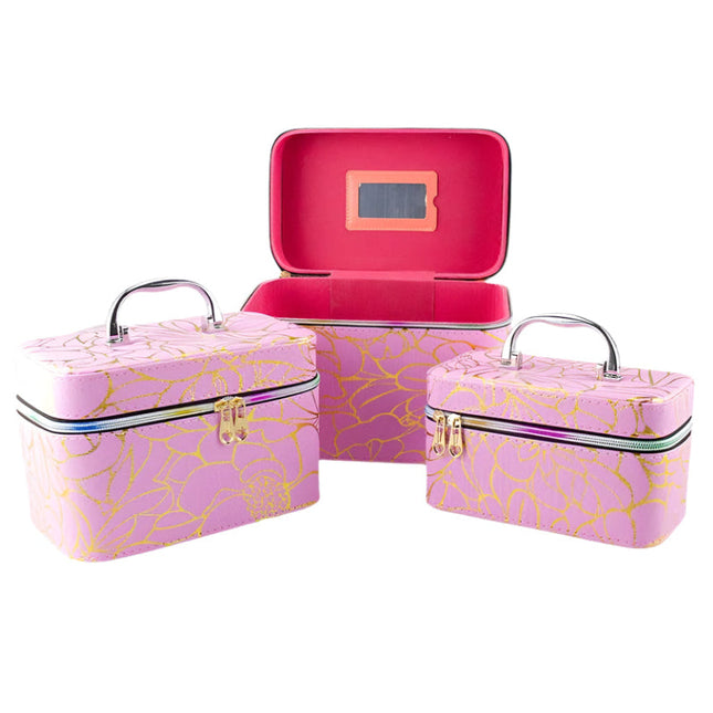 Lulu Grace 3 Piece Cosmetic Bag Set Lilac With Floral Design And Carry Handle