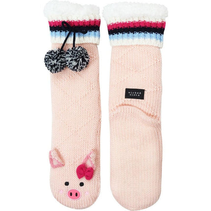 Wicked Sista Animal Slipper Socks Pig Pink One Size