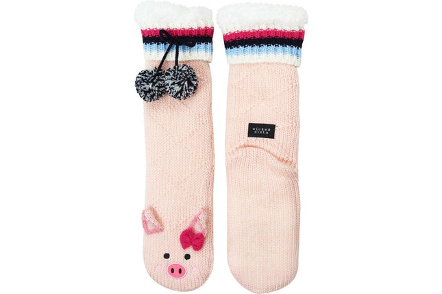 Wicked Sista Animal Slipper Socks Pig Pink One Size