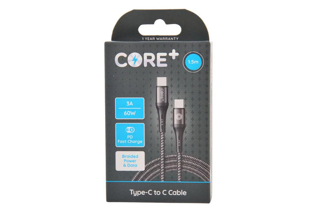 Core Plus USB C to Type C Braided Charging Cable 1.5m For Samsung iPhone Grey