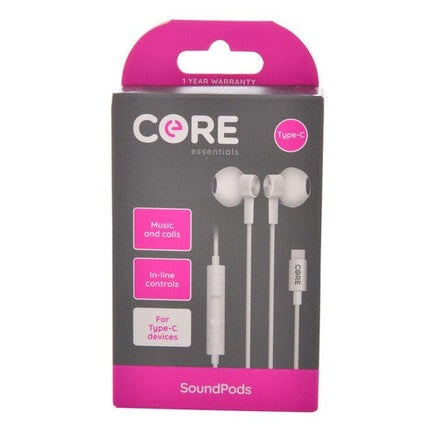 Core Essentials USB C Soundpods Earphones Music Calls Wired w Mic White