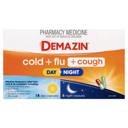 Demazin Cold + Flu + Cough Day & Night 24 Capsules - OhYouLuckyDuck.com.au