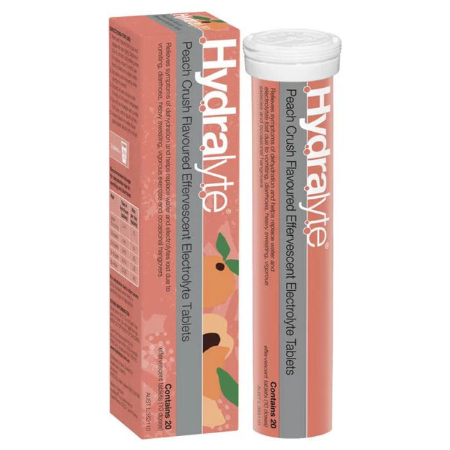 Hydralyte Effervescent Electrolyte Tablets Peach Crush Flavoured 20 Tablets - OhYouLuckyDuck.com.au