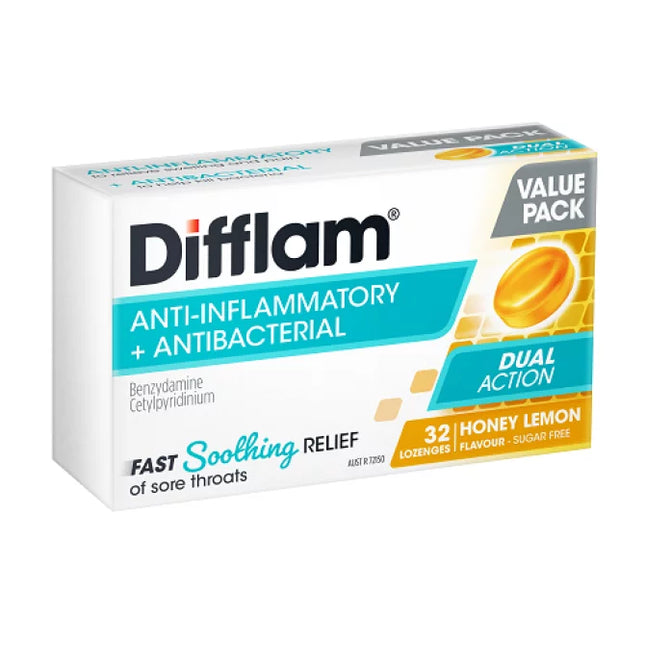 Difflam Sore Throat Lozenge Dual Action Honey & Lemon Flavour Value Pack 32 Lozenges - OhYouLuckyDuck.com.au