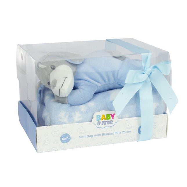 Baby & Me Soft Lying Dog 23cm & Blanket 90 x 75cm Plush Toy Gift Set Blue - OhYouLuckyDuck.com.au