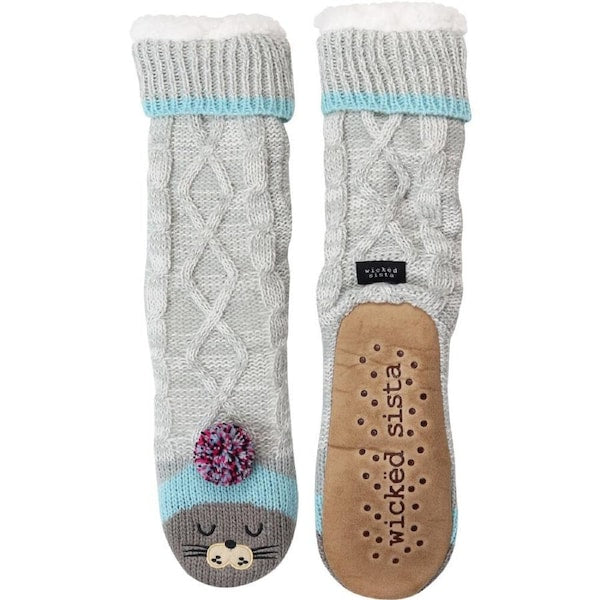Wicked Sista Animal Slipper Socks Seal Grey One Size