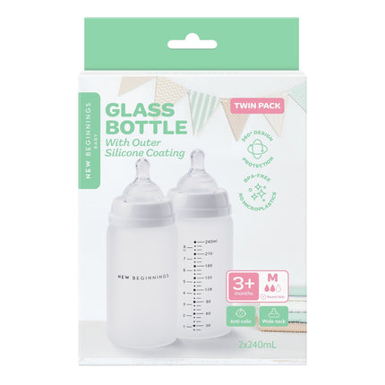New Beginnings Anti Colic Glass Baby Bottle With Outer Silicone Coating Twin Pack 240ML
