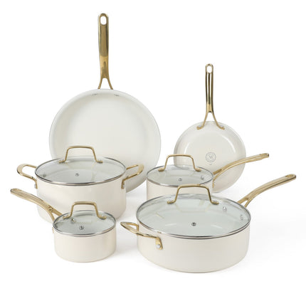 Martha Stewart Lockton 10 Piece Nonstick Ceramic Cookware Set Heavy Gauge Aluminum Pots and Pans Butter Cream